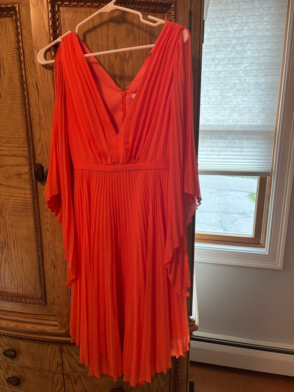 Halston Heritage V-Neck Pleated Midi Dress in orange